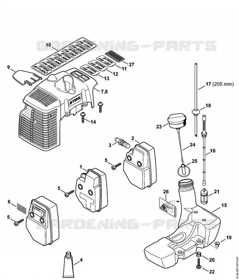 Silencieux, Capot, Réservoir d'essence ⇥ 809 249 646 (10.2016) Stihl Coupe-bordures et Débroussailleuses Coupe-bordures et Débroussailleuses Débroussailleuses thermiques légères FS 200 R  FS 200 R