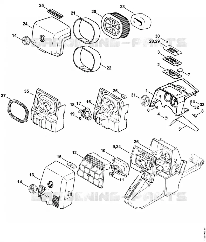 Capot, Filtre à air Stihl Tronçonneuses Tronçonneuses Tronçonneuses thermiques 044 C  044 C